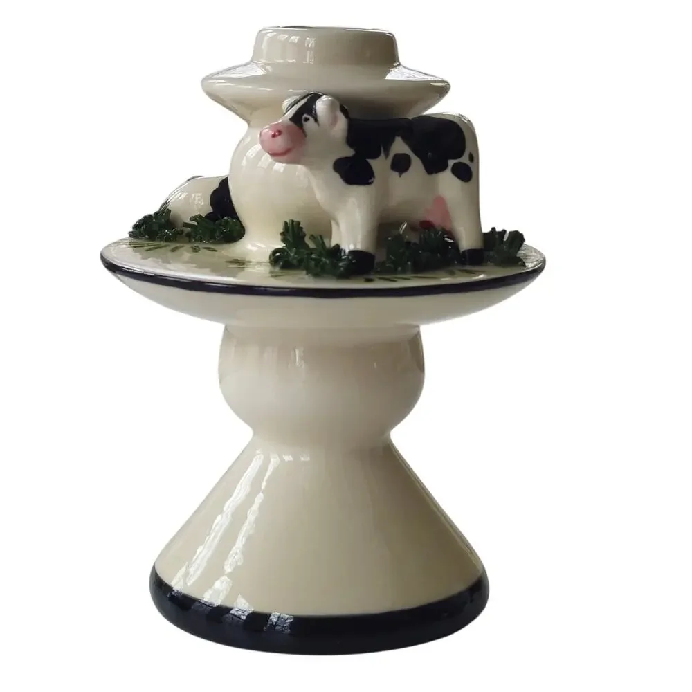 Rare Vintage 1990s L.A. Ceramics Hand-Painted Cow Cottagecore Candle Holder